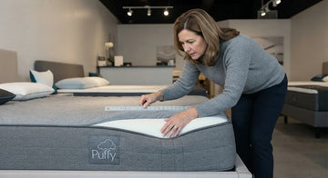Shopper inspecting a mattress for sagging and body impressions