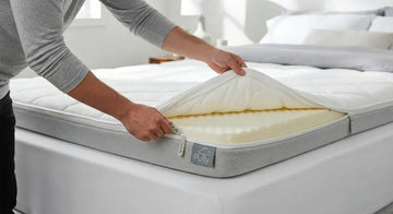 Removable cover being taken off a Puffy mattress topper before washing