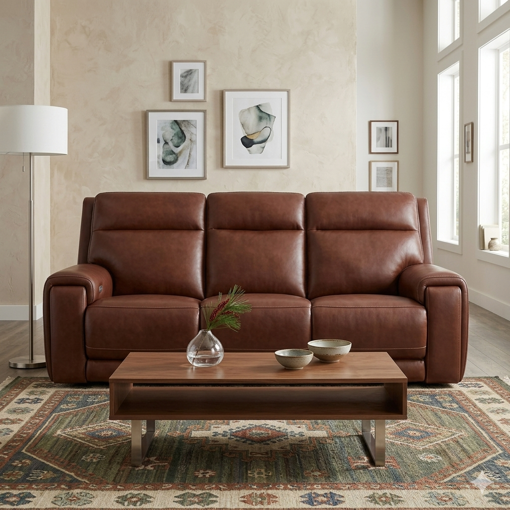 90" Leather Sofa with Power Headrests and Storage Arms