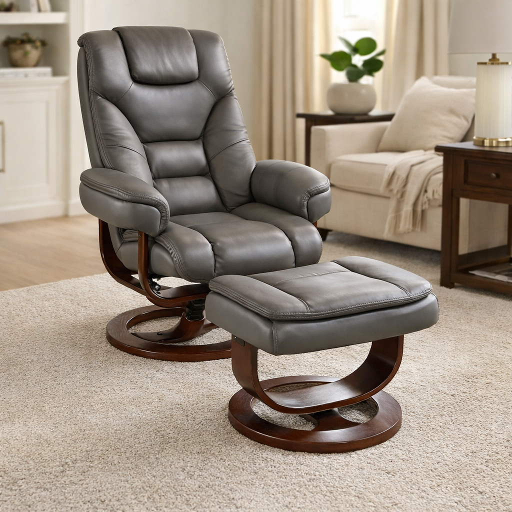 Leather Euro Chair and Ottoman (Gray)