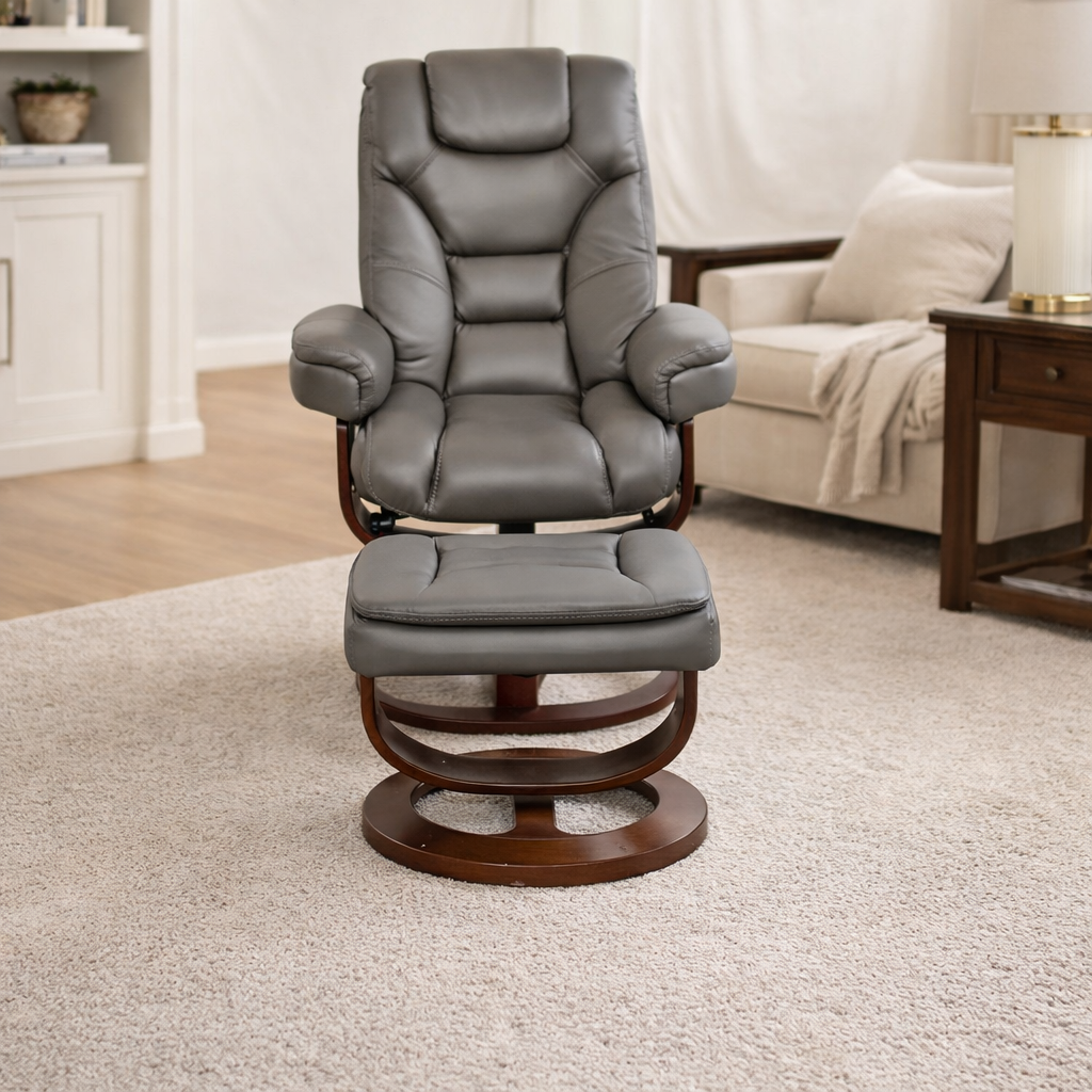 Leather Euro Chair and Ottoman (Gray)