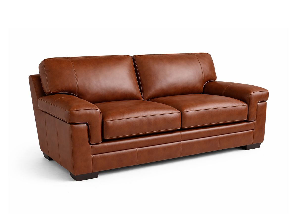 Brown Leather Loveseat with Plush Cushions & Rolled Arms
