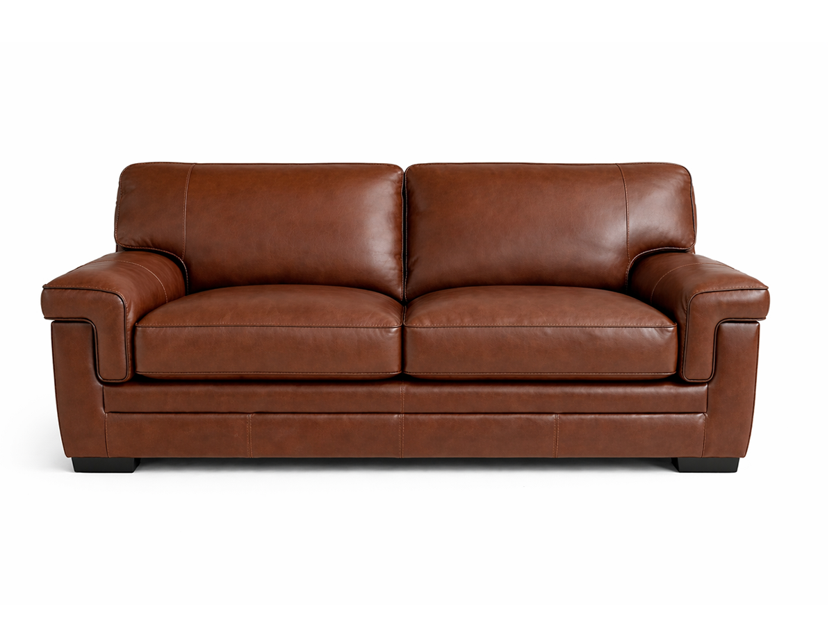 Brown Leather Loveseat with Plush Cushions & Rolled Arms