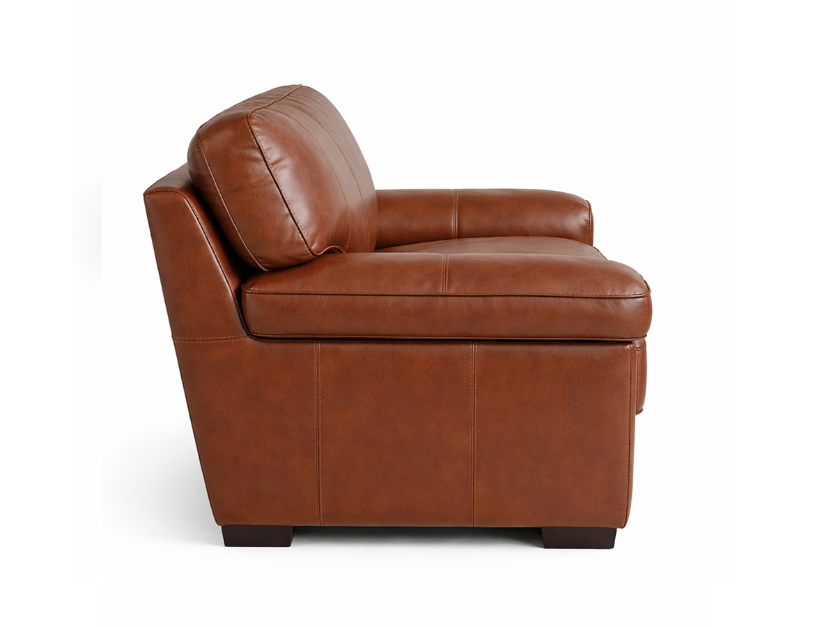 Brown Leather Loveseat with Plush Cushions & Rolled Arms