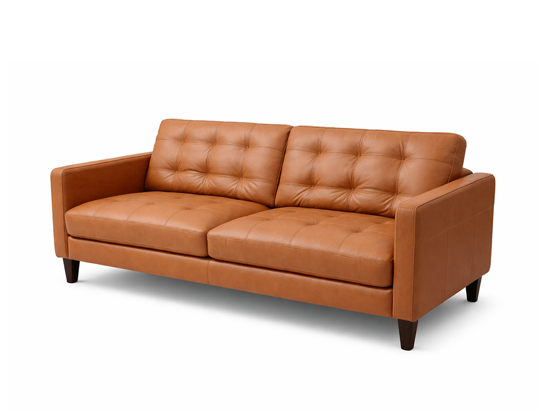 Mid-Century Modern Genuine Leather Sofa – Caramel Tan