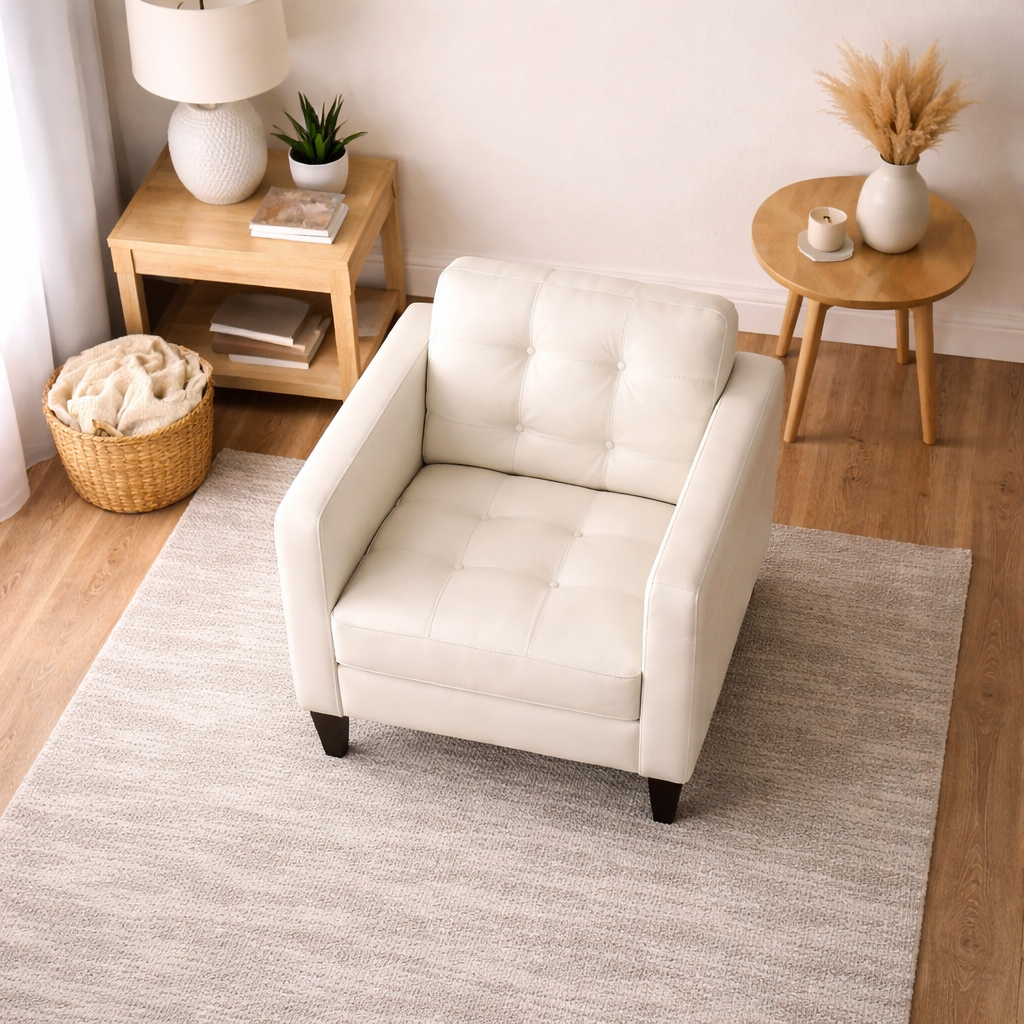 Mid-Century Leather Armchair  (Cream)