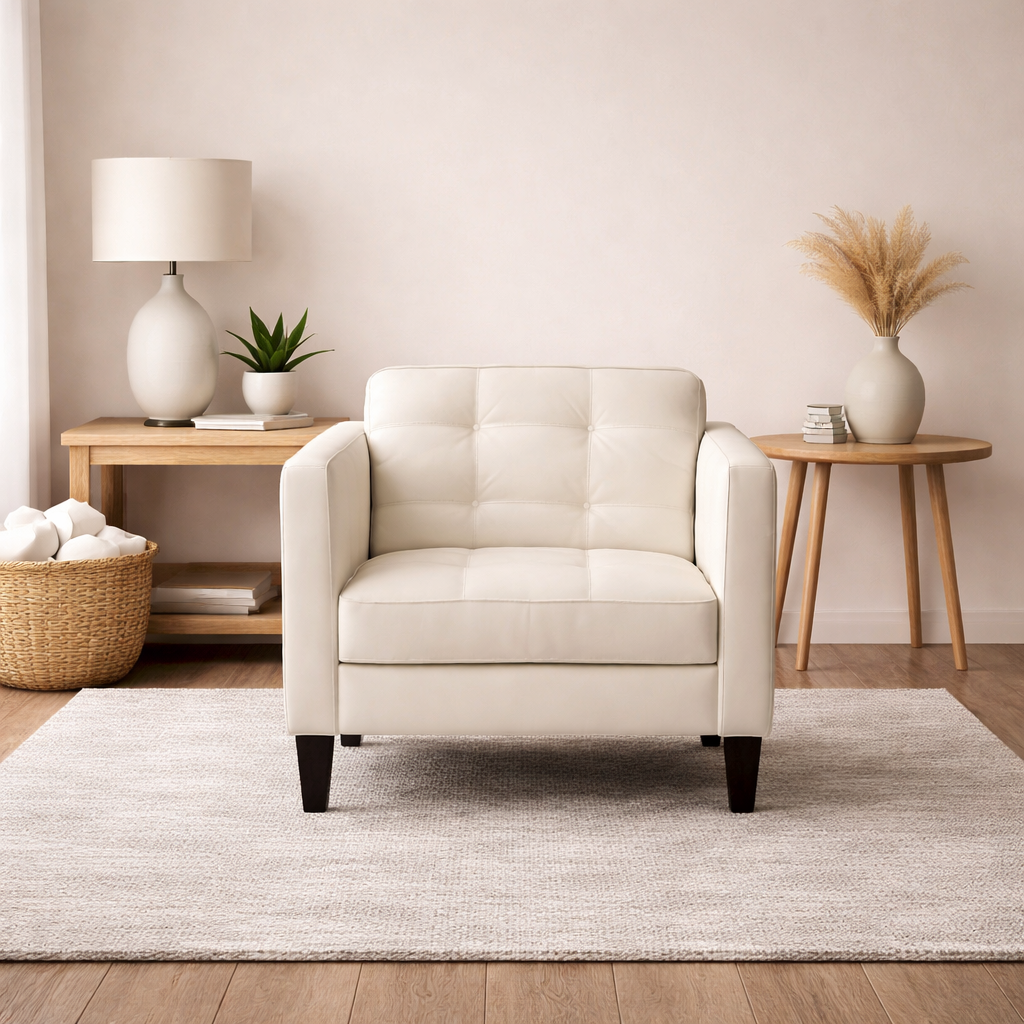 Mid-Century Leather Armchair  (Cream)