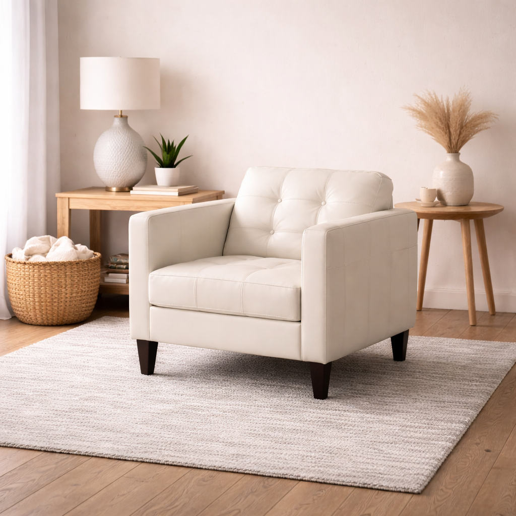 Mid-Century Leather Armchair  (Cream)