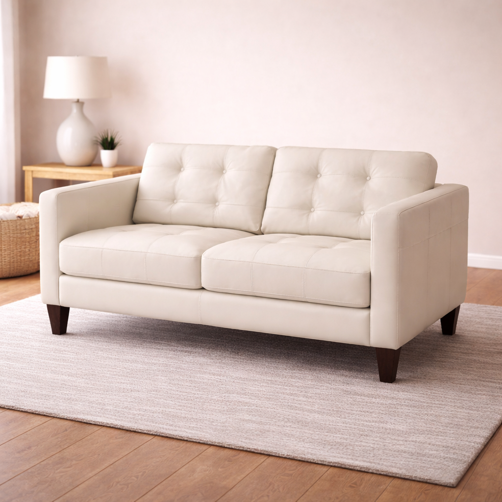 Mid-Century Leather Sofa (Cream)