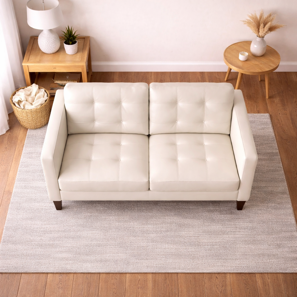 Mid-Century Leather Sofa (Cream)