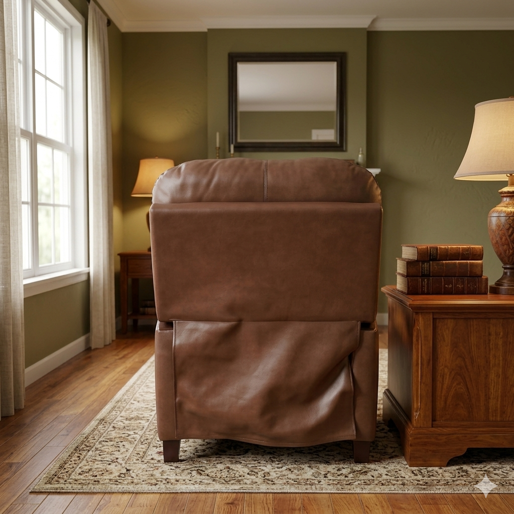 Leather Push-Back Recliner with Wood Arms and Hidden Ottoman