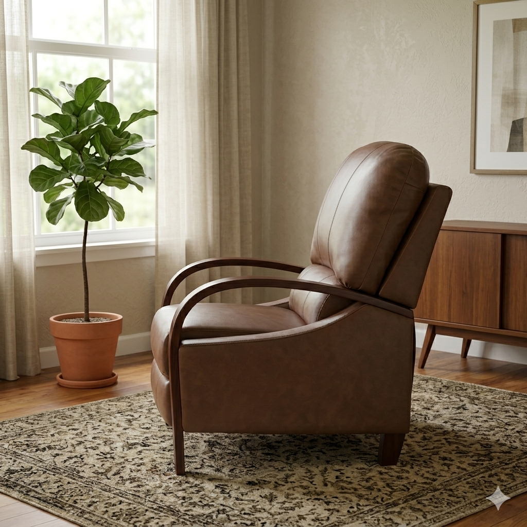 Leather Push-Back Recliner with Wood Arms and Hidden Ottoman