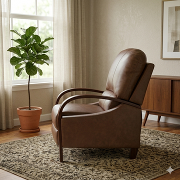 Leather Push-Back Recliner with Wood Arms and Hidden Ottoman