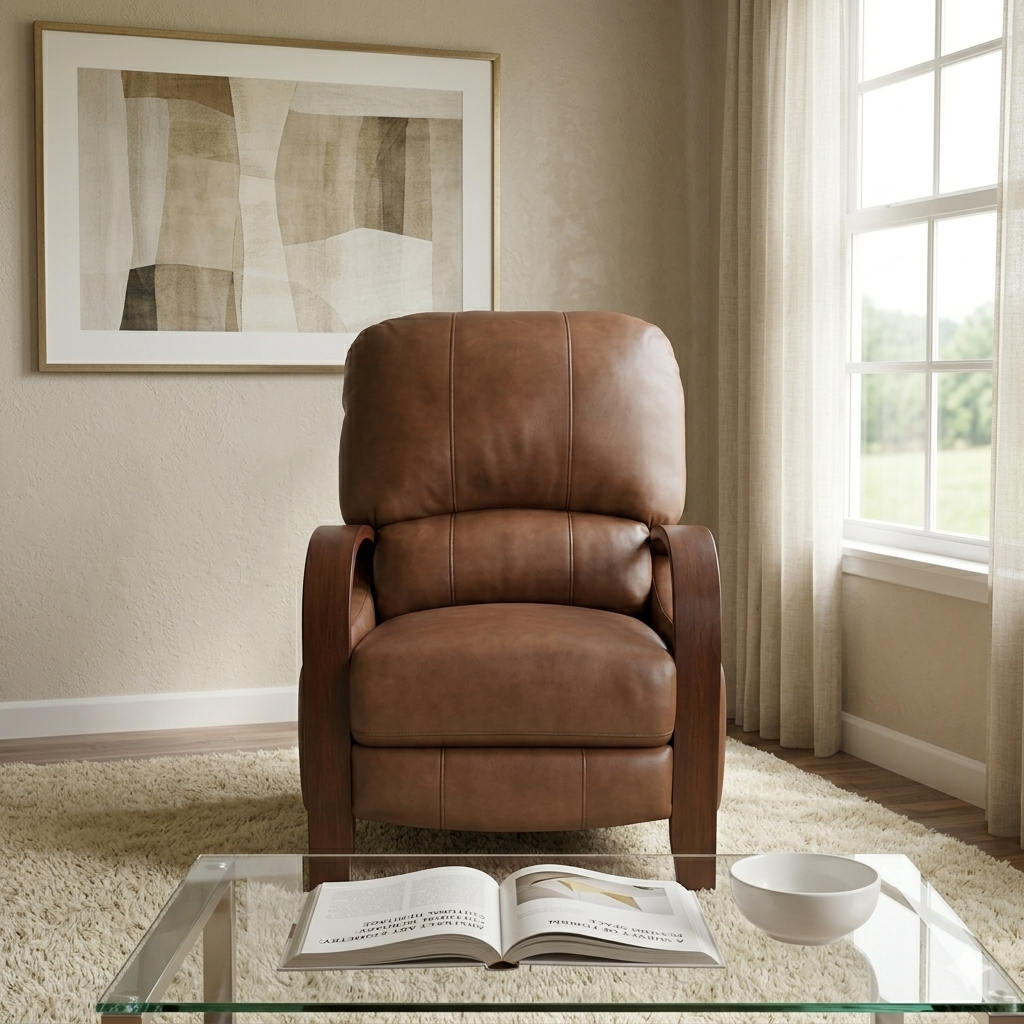 Leather Push-Back Recliner with Wood Arms and Hidden Ottoman