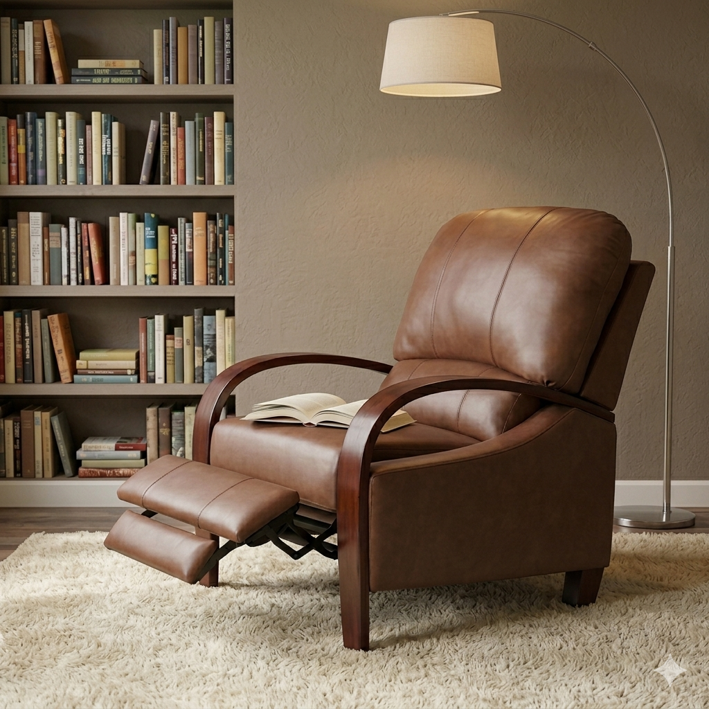 Leather Push-Back Recliner with Wood Arms and Hidden Ottoman